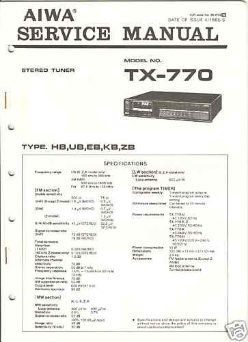 AIWA SERVICE MANUAL TX 770 FREE US SHIPPING  