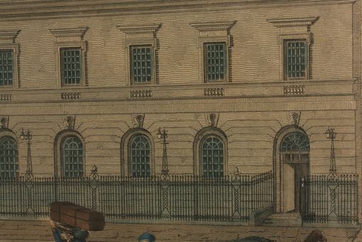 ANTIQUE HAND TINTED PRINT BRITISH EAST INDIA COMPANY HOUSE 1800 GOLD 