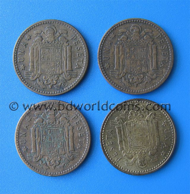 SPAIN 1 PESETA 1947(53)+1947(54)+1953(56)+1953(62) 21mm Aluminum 