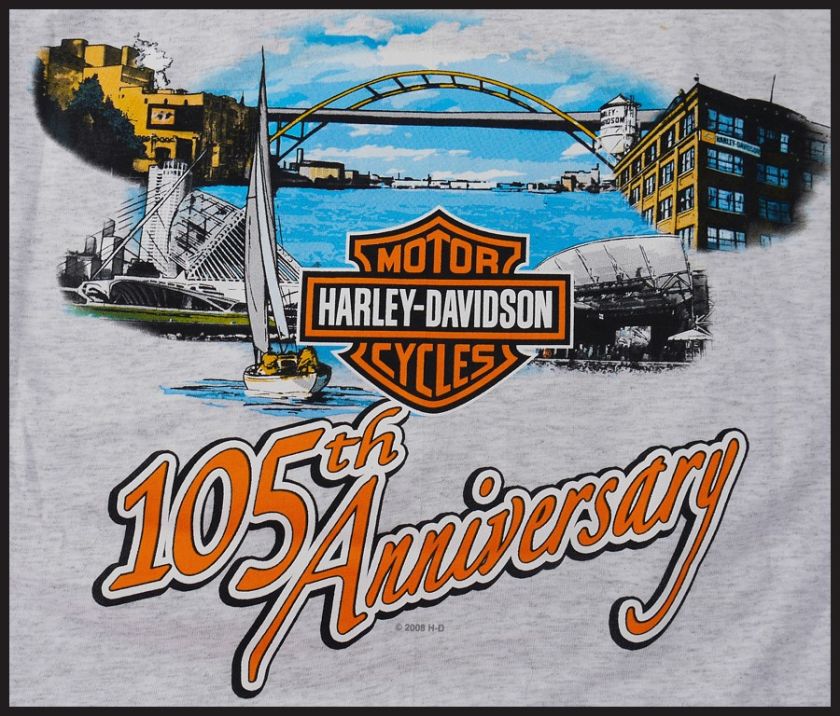   2008 HARLEY DAVIDSON MENS GRAY T SHIRT 105TH MILWAUKEE USA 2XL  