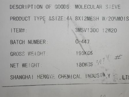 Molecular Sieve 4A 8x12 Mesh 20% Moisture 195KGS  