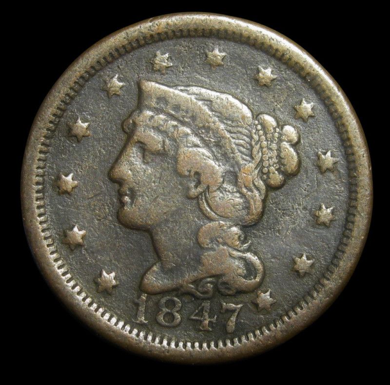 1847 One Large Cent Braided Hair Penny VF  