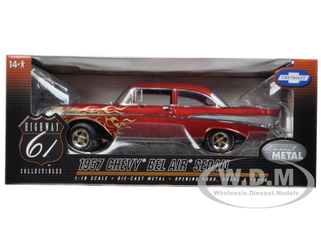 1957 CHEVROLET BEL AIR BURGUNDY WITH FLAMES 1/18 MODEL CAR BY HIGHWAY 