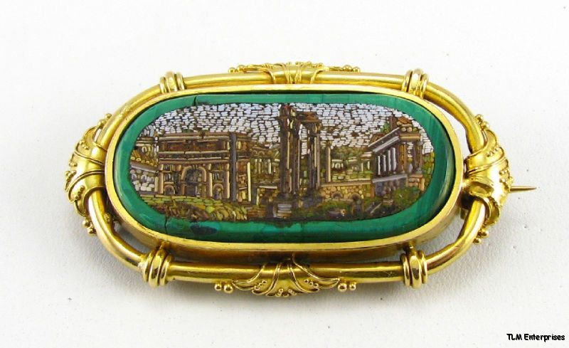 Antique Roman Ruins MICRO MOSAIC Brooch   22K Gold Italy Italian 