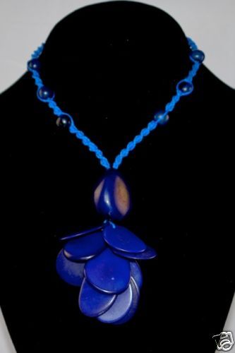 Handmade Indigo Blue Tagua Seeds Beaded Petals Necklace  