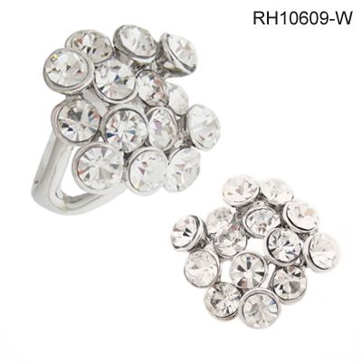   rhinestones tiered on rhodium band to enhance shine and durability