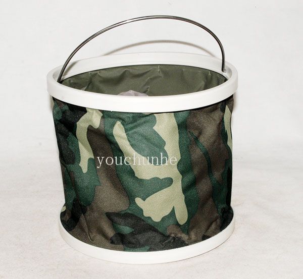 COLLAPSIBLE NYLON WOODLANDS CAMO WATER BUCKET WITH POUCH  31600  