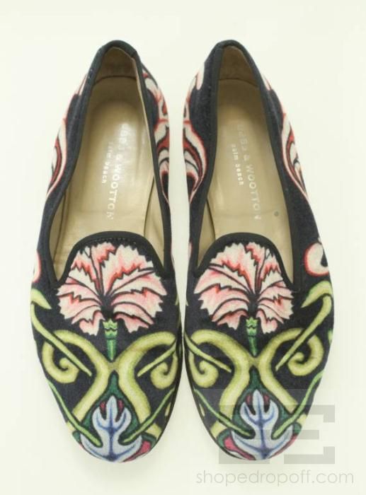 Stubbs & Wootton Navy Blue & Pink Floral Print Velvet Loafers Size 10 
