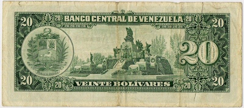 VENEZUELA 20 BOLIVARES 1963 P#43 VG F PRESENT 1 TEAR  