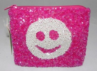 NWT MOYNA Hand Beaded Pink SMILEY FACE Pouch Wallet  
