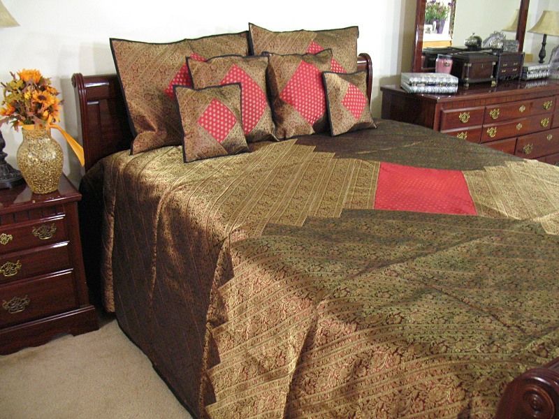 7p Burgundy Brocade Designer Sari Bedding Set Bedspread  