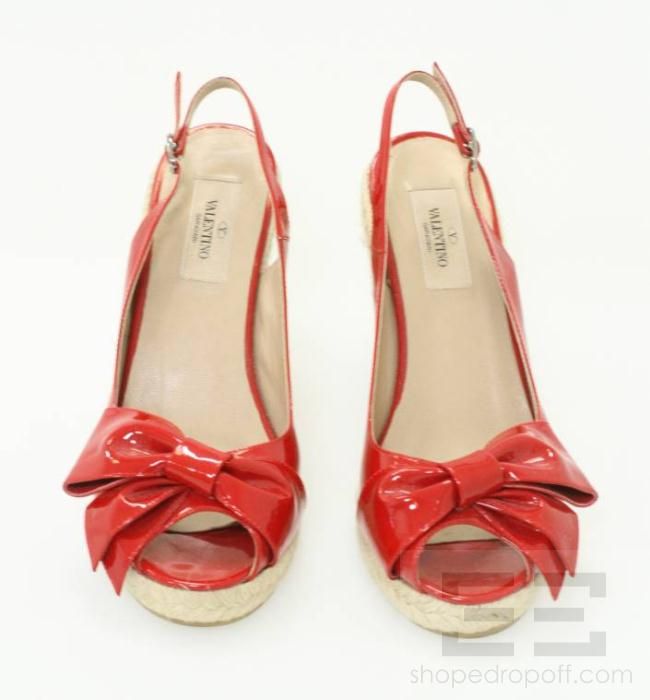   Red Patent Leather Bow Toe Slingback Espadrille Wedges Size 39  