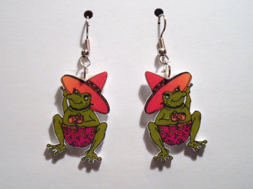 FROG TOAD WEARING SOMBRERO HAT EARRINGS CHARMS  