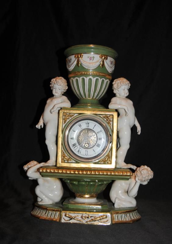 German Dresden Porcelain Cherub Clock Mantle Clocks  