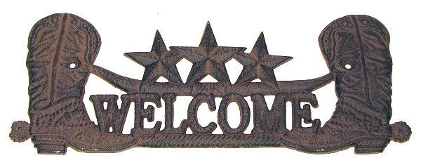 13.5 CAST IRON STAR Cowboy BOOTS Welcome Sign PLAQUE Western Decor 