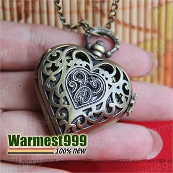 Antique Heart Quartz Pocket Watch Pendant Necklace Vintage Bronze 