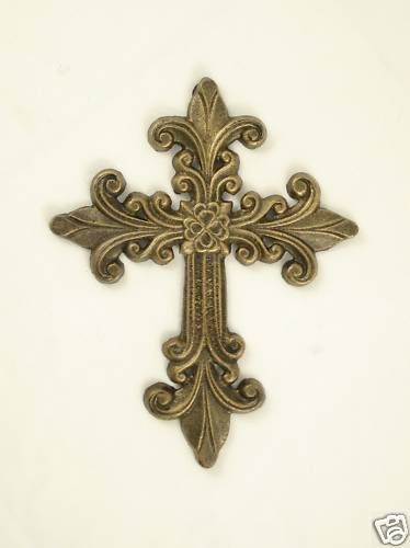 Cast Iron Wall Cross Fleur De Lis Brown or Gold Finish  