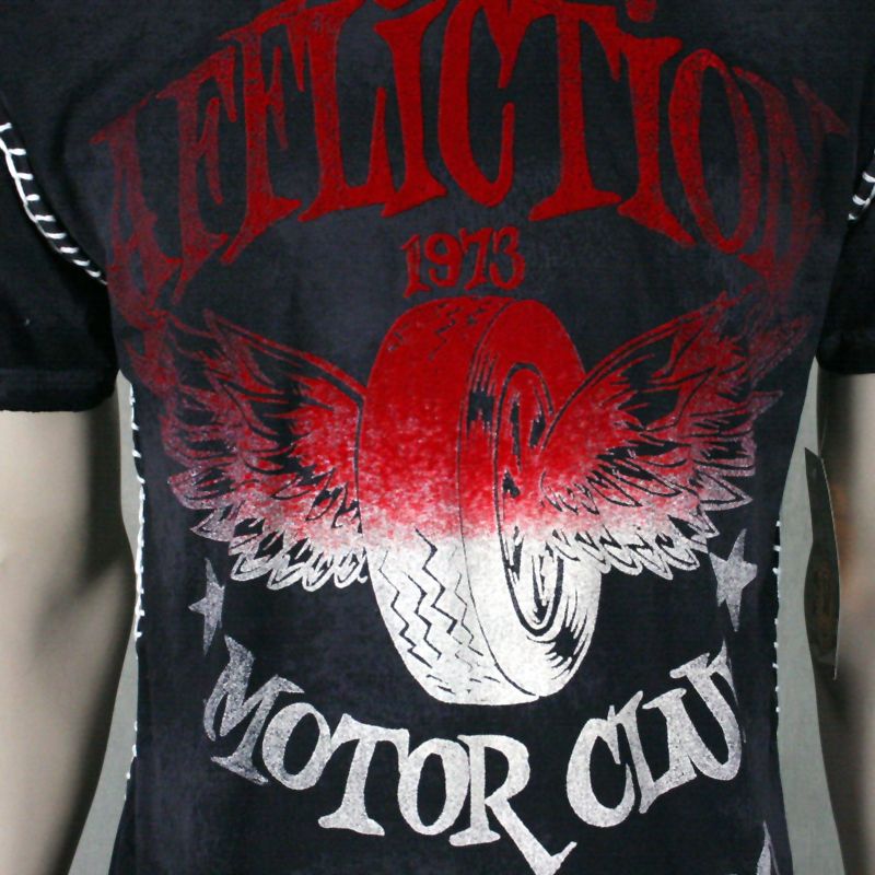 Affliction Mens T shirt Flywheel motor club black yarn stitch flocked 