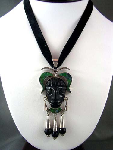 FAB Vtg Mexican Onyx Sterling MASK Necklace & Earrings  