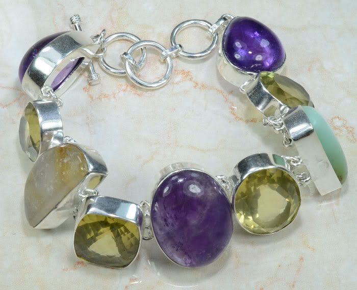 AMETHYST+CITRINE+GOLDEN RUTILE+JASPER SILVER BRACELET 7 1/2 9; S9670 