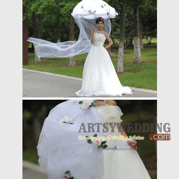 Unique Fantasy Tulle 3D Flowers Beach Outdoor Wedding Parasol Umbrella 