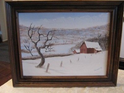   PAINTING SNOWY WINTER RED BARN SCENE SIGND M UMPHREY FRAMED  