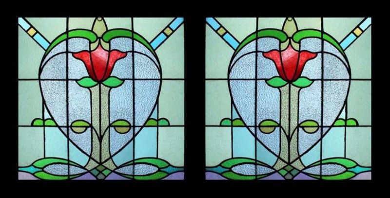 ART NOUVEAU FLORAL BEAUTY PAIR STAINED GLASS WINDOWS  