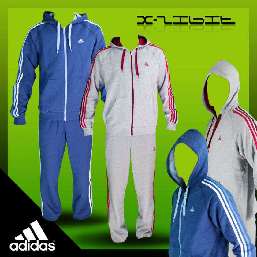 ADIDAS Original Hooded Stripe Fleece Tracksuit Full Zip Denim Blue 