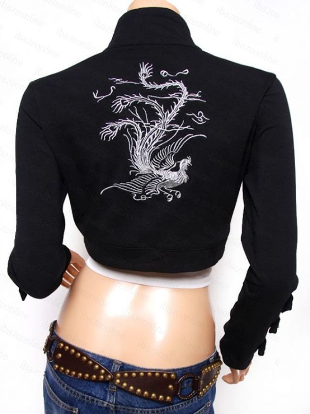 Funky Blk Phoenix Embro Long Sleeves Bolero Shrug Top M  