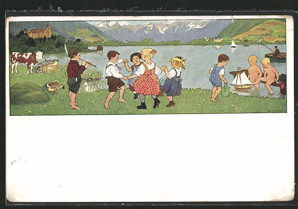 Artist pc Gertrud Caspari Sommerlust, Children tanzen am Seeufer zur 