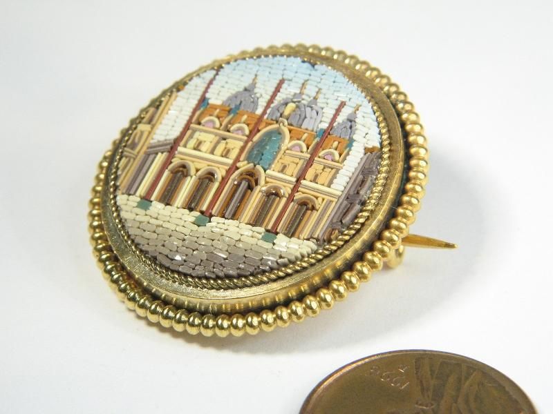   GILT MICROMOSAIC SAN MARCO BASILICA VENICE PIN BROOCH 1870  