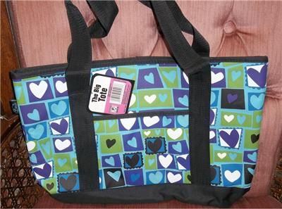 NYLON BIG TOTE BAG BLUE/PURPLE/WHITE/GREEN/BLACK HEART SQUARES NWT 