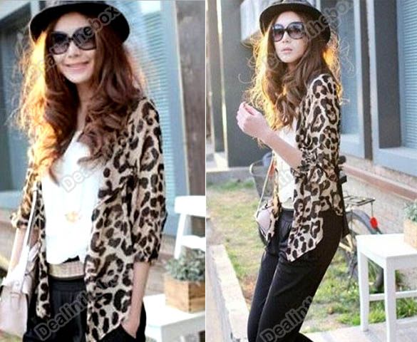 Fashion Womens clothing Leopard chiffon tunic cardigan blouse Tops 