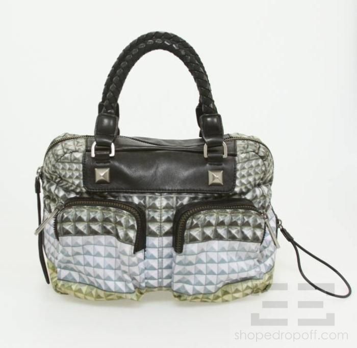 Blue & Green Stud Print w/Black Leather Trim Nylon Handbag 