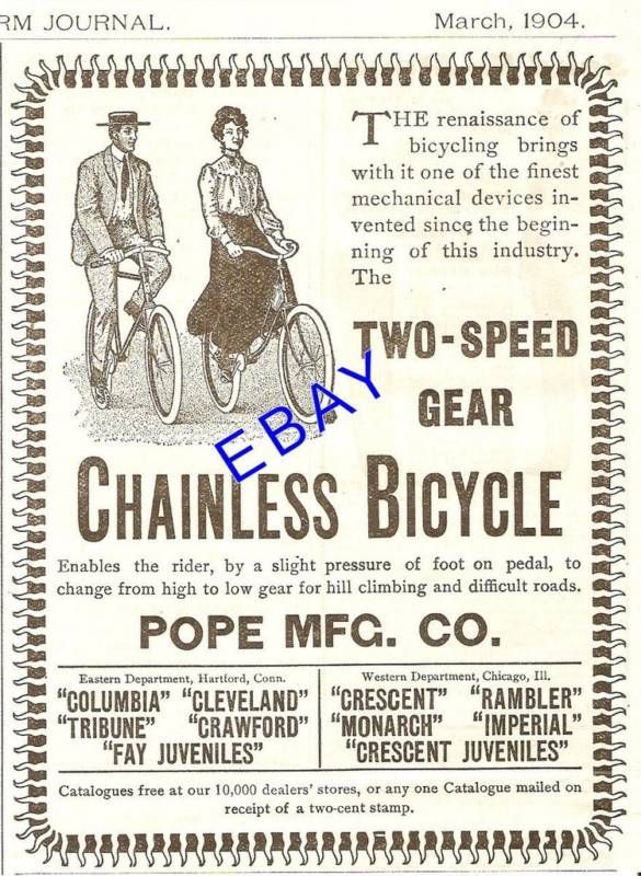 1904 POPE 2 SPEED CHAINLESS BICYCLE AD JUVENILES BIKE  