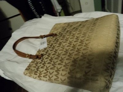   kors n/s mk logo jacquard signature tote large BEIGE/CARMEL NWT  