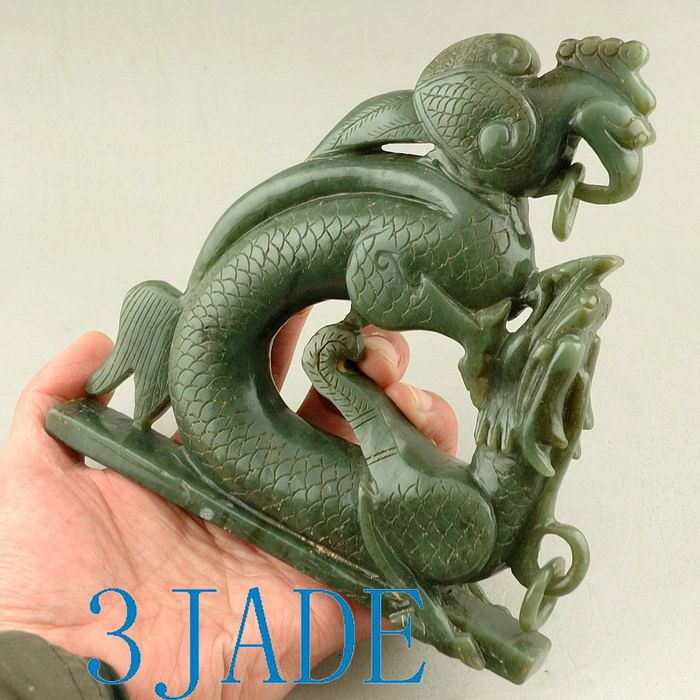 Natural Nephrite Jade Carving Dragon Phoenix Statue  