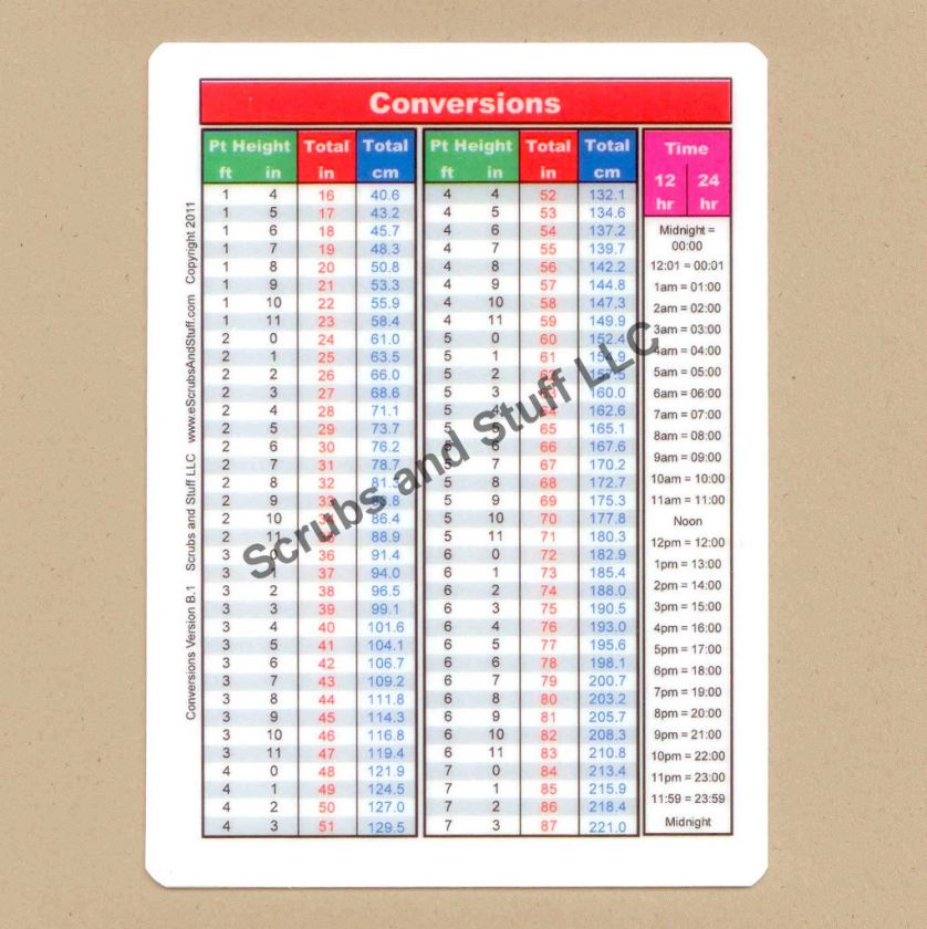 Height Time Liquid All in 1 Conversion Reference Card Medic EMT EMS RN 