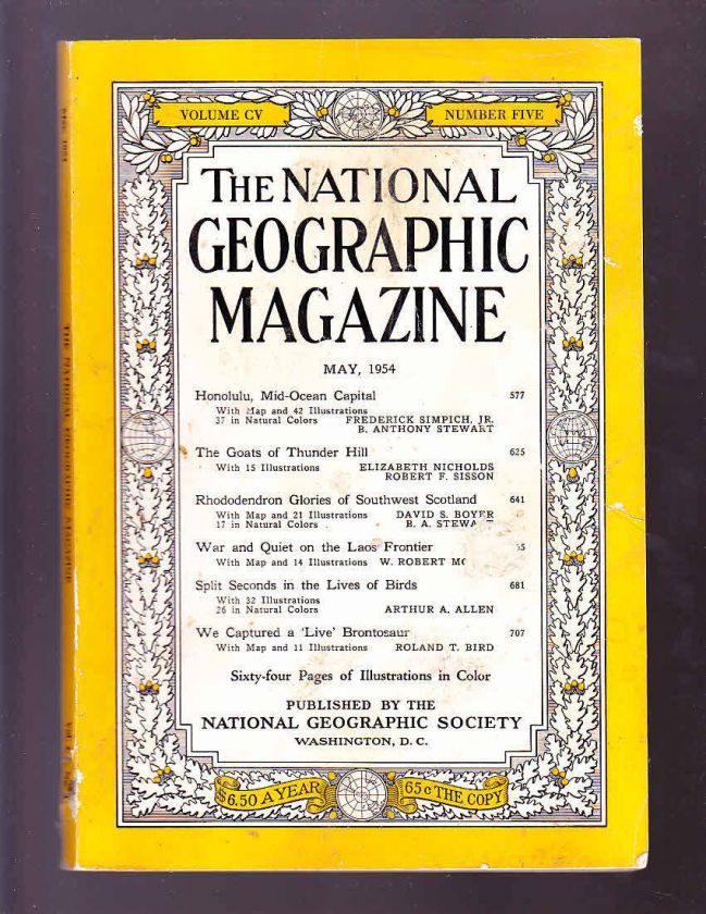   Geographic May 1954 good Hawaii Scotland Laos Birds Brontosaur  