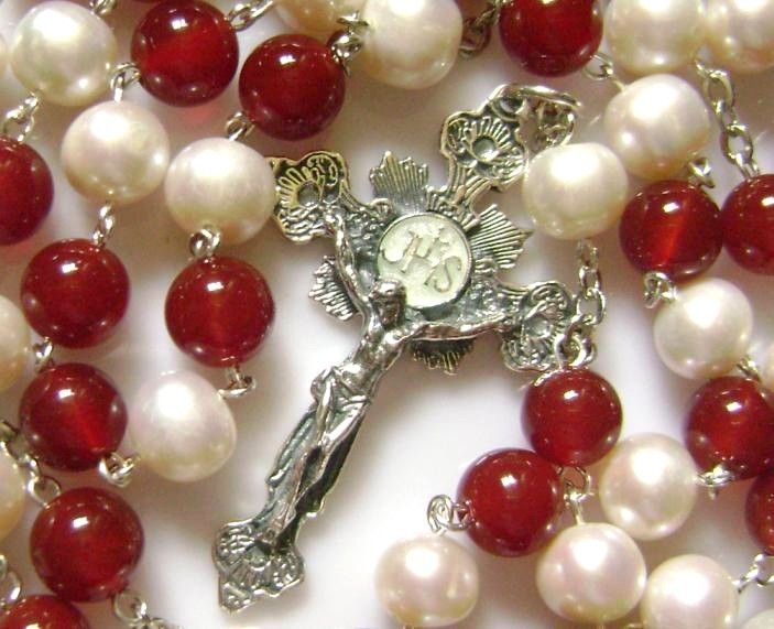 Sterling Silver 8mm Real Pearl & Red Agate Bead Rosary  