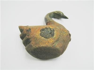 ANTIQUE DUCK , BRASS / WOOD PAINTED . DECORATED MINIATURE  