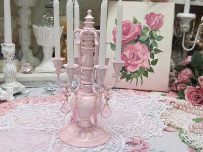 PINK 6 ARM CANDELABRA with.6 PINK FRENCH DOUBLE PRISMS~Shabby~Cottage 
