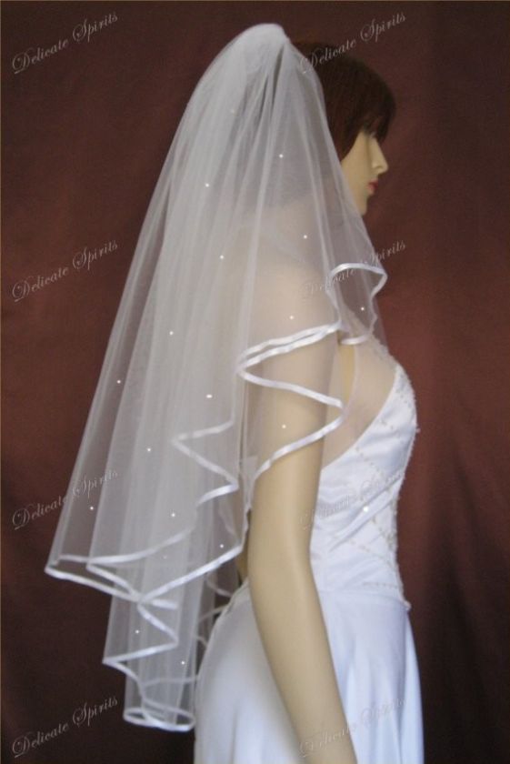 2T Diamond White Fingertip Satin Ribbon Rhinestone Veil  