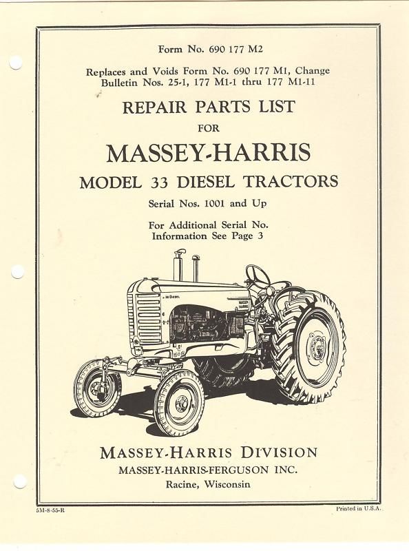 Massey Harris 33 Diesel Tractor Parts Manual MH Book  