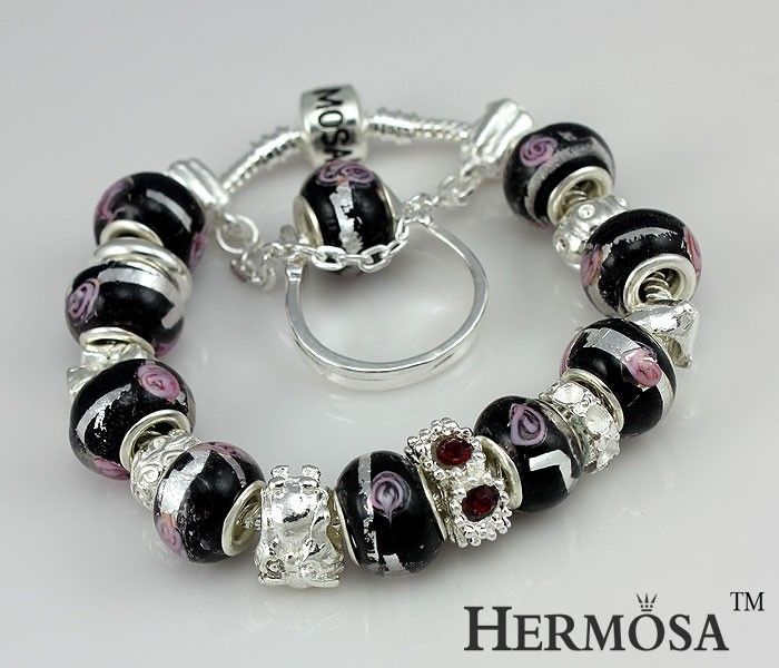 Hermosa Set Black Rose Diamond Silver Bracelet+Ring 12  