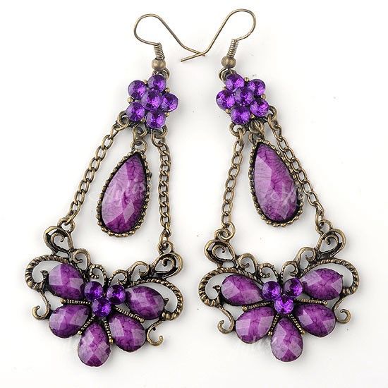 Purple Mix Resin Teardrop Crystal Dangle Chandelier Hook Earring 