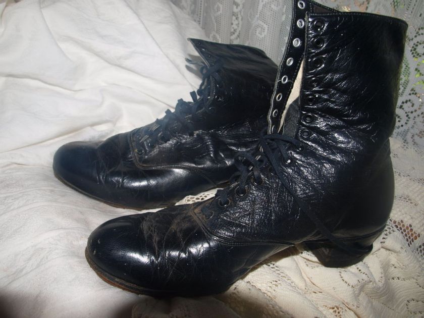 ANTIQUE VICTORIAN BLACK LEATHER LACE UP BOOTS 8.5M  