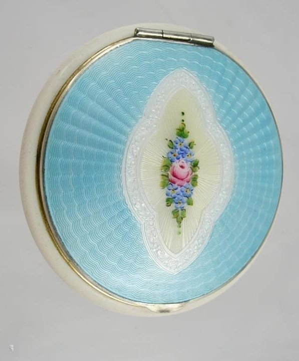 VINTAGE GUILLOCHE ENAMEL KRIDER STERLING POWDER COMPACT  