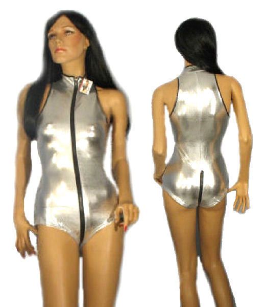 Wet Look Vinyl Body Suit Jumpsuit Romper with 4 Way Zipper Closure 