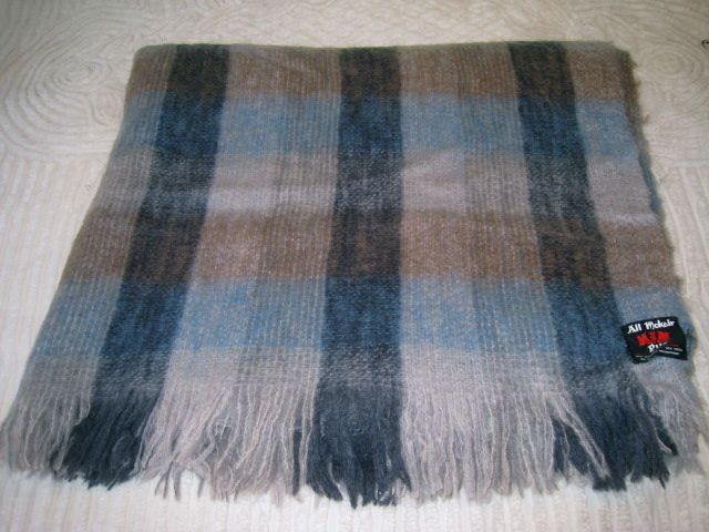 100% WOOL & MOHAIR BLANKET made SCOTLAND ~ BLUE & GRAY & BROWN TARTAN 